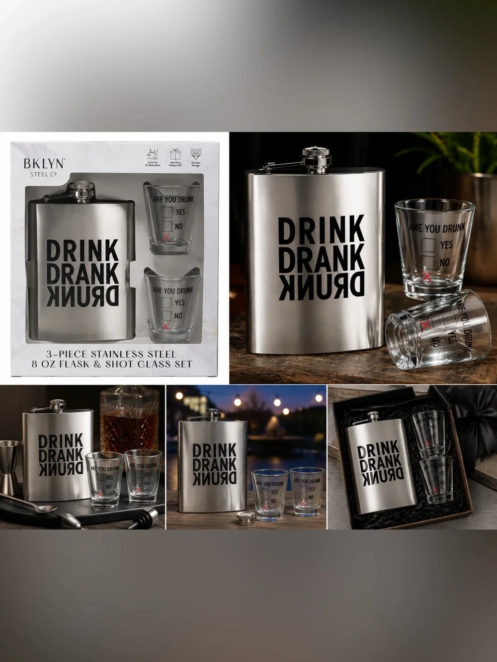 BKLYN Steel Co. Stainless Steel Hip Flask & Shot Glass Set - Silver